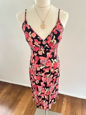 Angie Black Floral Lace-Up Open Back Midi Slip Dress Romantic Boho S